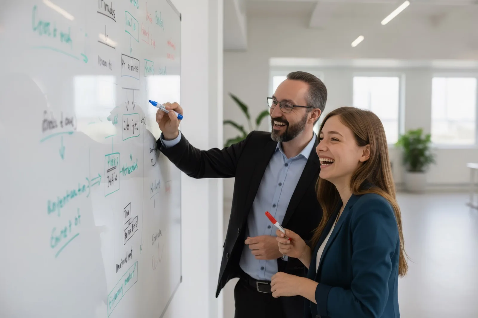 Tim und eine Kollegin beim Brainstorming am Whiteboard